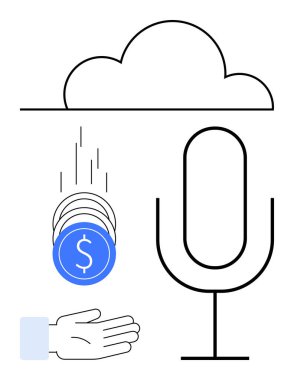 Geniş bir mikrofon, bulut, bozuk paraların uzatılmış bir elin içine düşmesi yaratıcı gelirin altını çizer. Podcast, akış, ses üretimi, bulut depolama, çevrimiçi gelir, dijital araçlar için ideal basit
