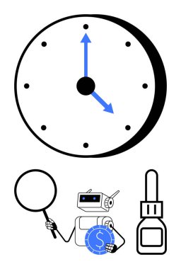 Robot, saat ve parmak izi tarayıcısının yanında büyüteç ve para tutuyor. Teknoloji, zaman yönetimi, finans, güvenlik, yapay zeka, veri analizi araştırmaları için ideal. Düz basit metafor