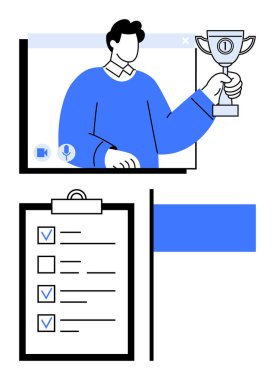 Videodaki kişi elinde bir kupa, görevleri tamamlanmış listeler ve boş bir afiş tutuyor. Takım çalışması için ideal, hedef belirleme, motivasyon, üretkenlik, uzaktan çalışma, başarı basit
