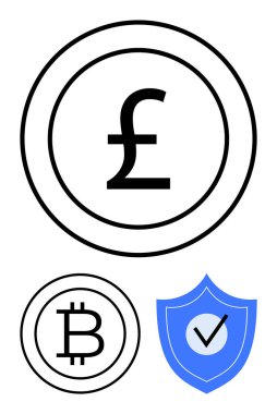 Pound ve Bitcoin para birimi dairesel tasarımlarla kalkanların yanında işaretli. Finans, bankacılık, kripto para birimi, güvenlik, dijital ödeme, takas, fintech için ideal. Düz basit metafor
