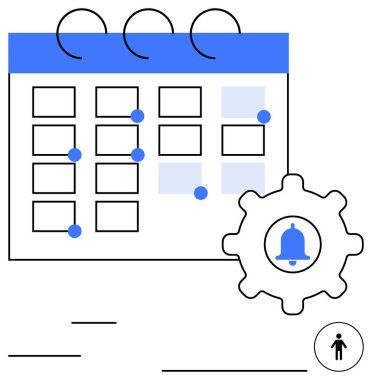 İşaretli tarihli takvim, çan sembollü teçhizat ve kullanıcı simgesi. Program, planlama, görev yönetimi, iş akışı için ideal. Organizasyon verimliliğini hatırlatıyor. Düz basit metafor