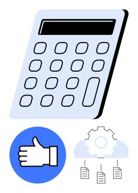 Hesaplayıcı hesaplamayı vurgular, onay çemberi başarıyı gösterir ve belge simgeleriyle donanım otomasyon, iş akışı ve veri yönetimini önerir. Finans ve verimlilik için ideal