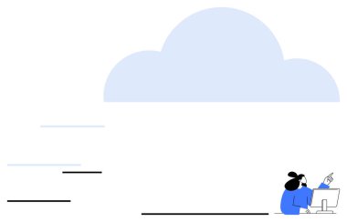 Masaüstü bilgisayarında oturan kadın gökyüzündeki büyük bir bulutu işaret ediyor. Bulut teknolojisi, çevrimiçi depolama, yenilik, veri paylaşımı, takım çalışması, gelecek vizyonu, düz basit metafor için ideal