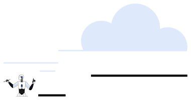 Mavi bulutların altında robot hareketleri yapay zekayı, otomasyonu ve teknolojik yeniliği temsil ediyor. Yapay zeka, bulut hesaplama, IOT, otomasyon, teknoloji geliştirme, veri paylaşımı için ideal