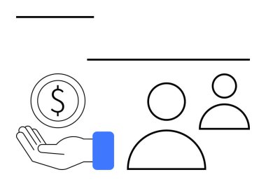 İki kullanıcı simgesinin yanında dolar işareti olan el ele tutuşma parası. Finans, ödeme, kullanıcı etkileşimi, takım yönetimi, iş kavramları, müşteri hizmetleri, basit iniş sayfası için ideal