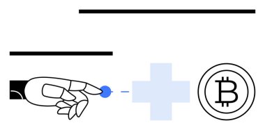 Robot el mavi bir noktaya dokunuyor, çapraz sembol ve yenilik, kripto para ve yapay zeka entegrasyonunu ifade eden Bitcoin işareti. Teknoloji için ideal, dijital finans, engelleme zinciri, otomasyon yapay zekası