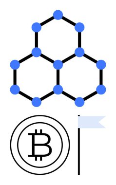 Bitcoin madeni para ve bayrak üzerindeki bağlantılı düğümlerle altıgen engelleme ağı başarıyı simgeliyor. Finans, kripto para birimi, engelleme zinciri, yenilik, teknoloji, veri, başarı için ideal. Düz