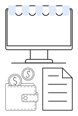 Depo vitrinli bilgisayar monitörü, bozuk paralı cüzdan ve online alışveriş ve işlemleri sembolize eden belgeler. E-ticaret, dijital finansman, ödeme sistemleri, çevrimiçi mağazalar için ideal