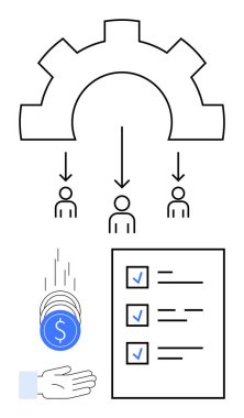 Görevleri tamamlanmış sikkeleri teslim alan ekibe ekipman dağıtımı. Otomasyon, görev yönetimi, finans, kaynak planlaması, üretkenlik, iş organizasyonu için ideal, basit