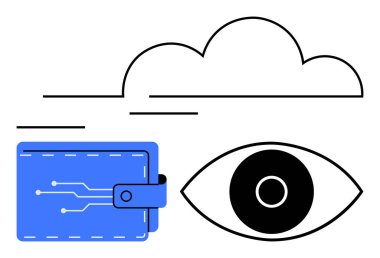 Devreli cüzdan, biçimlendirilmiş bulut ve dijital güvenlik, mahremiyet ve teknolojiyi gösteren tek göz tasarımı. Fintech, siber güvenlik, bulut hizmetleri, dijital ekonomi akıllı cihazlar için ideal