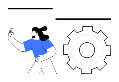 Kadın figürü, büyük bir dişlinin yanında el kaldırıyor. İşlemi ya da kontrolü sembolize ediyor. İş akışı optimizasyonu, otomasyon, yenilik, işbirliği, takım çalışması, işlemler için ideal