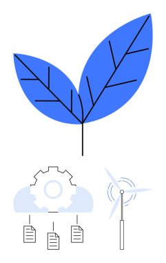 Ağ damarlı mavi yaprak, malzeme paylaşım belgeli bulut ve enerji üreten rüzgar türbini. Sürdürülebilirlik, teknoloji, yenilenebilir enerji, eko sistem, yeşil teknoloji, yenilik için ideal