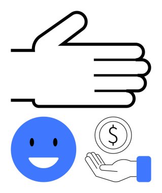 El hareketi, mutlu yüz simgesi, avuç içi bozuk para. İletişim, destek, finans, pozitiflik, takım çalışması, jestler ve basit iniş sayfası için ideal