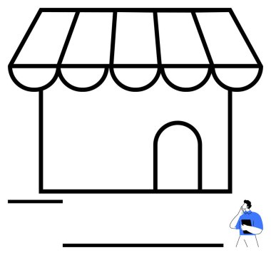 Dijital vitrin, kemerli kapı ve çizgili tente. Elinde klasör, üzerinde kafa yoran fikirler tutan adam. Perakende satış, girişimcilik, e-ticaret, yerel mağaza, iş büyümesi, piyasa stratejisi, düz sade