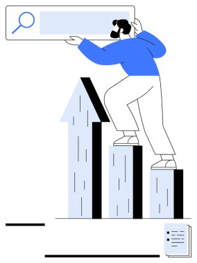 Büyütülmüş arama çubuğu tutan yükselen grafik çubuğuna basan kadın analizi, ilerlemeyi ve başarıyı vurguluyor. Büyüme, başarı, analitik, araştırma, keşif, pazarlama stratejisi için ideal