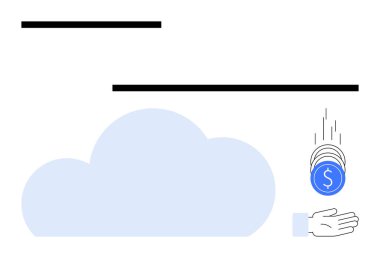 Mavi bulut, üzerinde dolar işareti olan bozuk paralar açık bir ele düşüyor. Finans, bulut hesaplama, tasarruf, teknoloji, çevrimiçi bankacılık, yatırım, basit iniş sayfası için ideal