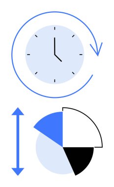 Zamanı sembolize eden dairesel oklu saat, veriyi temsil eden bölümlere bölünmüş pasta grafiği. Zaman yönetimi, veri görselleştirme, planlama, iş akışı, üretkenlik, istatistik, düz basit