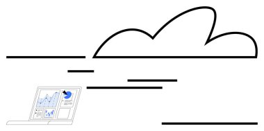 Soyut bulut çizgilerinin altında analitik çizelgeleri gösteren dizüstü bilgisayar bulut verilerini, analitikleri, depolamayı ve bilişim çözümlerini temsil ediyor. Teknoloji, iş, yenilik, veri, bağlantı için ideal minimum