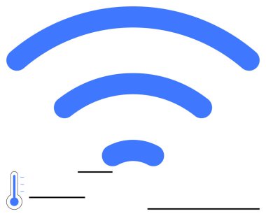 Mavi kablosuz sinyal çubukları bir termometre simgesiyle birlikte azalıyor. Bağlantı, teknoloji, internet erişimi, ağ kurmak, sinyal gücü, veri akışı, sıcaklık için idealdir. Düz basit