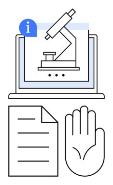 Bilgileri temsil eden i simgesiyle birlikte bir mikroskop bilgisayar ekranında, bir belge eşliğinde ve el işaretleri kısıtlamasını yükseltti. Araştırma, eğitim, çevrimiçi güvenlik, veri erişimi, tıbbi