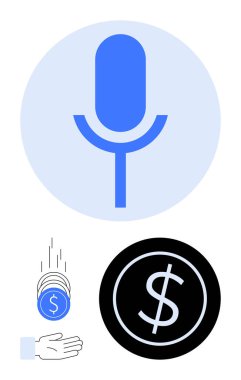 Mikrofon ve dolar sikkeleri para kazanma kavramlarını, ses içeriği üretimini, gelir akışını vurguluyor. Podcasting, ses kaydı, ses pazarlaması, dijital gelir, para kazanma için ideal