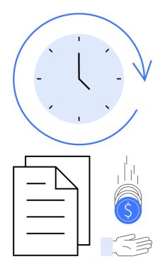 Zaman için oklu saat, istiflenmiş belgeler, uzatılmış ellere düşen paralar. Zaman tasarrufu, verimlilik, finans, üretkenlik, yönetim, iş akışı için ideal basit iniş sayfası