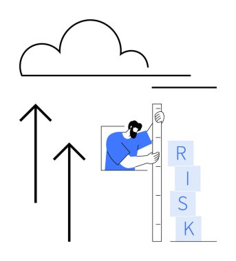 Yığılmış blokları değerlendirmek için merdiven kullanan bir adam. Üstünde oklar ve bulut olan RISK etiketli bir adam. Büyüme, risk yönetimi, strateji, liderlik, analiz, karar verme, basit iniş için ideal