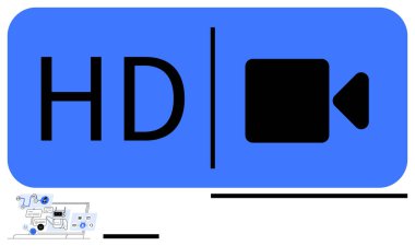 Kalın HD metin bir kamera silueti ile eşleştirildiğinde video kalitesi vurgulanır. Medya, yayın, teknoloji, dijital platformlar, yayın, video düzenleme, basit iniş sayfası için ideal