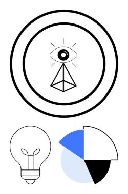 Çemberde geometrik şekilli göz, ampul, pasta grafiği segmentli. Vizyon, içgörü, yaratıcılık, analiz, odaklanma inovasyon karar verme için ideal. Düz basit metafor