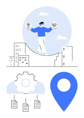 Profesyonel dengeleyici ampul ve para binaların tepesinde, bulut, vites, iğne, dosyalar. Yaratıcılık, finans, kentsel yönetim verimlilik lojistik teknolojisi için idealdir. Düz basit metafor