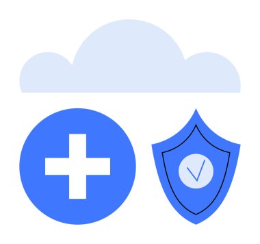 Mavi tıbbi haç ve kalkanın üzerindeki bulut grafiği veri koruması, güvenlik, sağlık, dijital depolama, bulut platformu, sistem optimizasyonu, basit iniş sayfasını gösteriyor