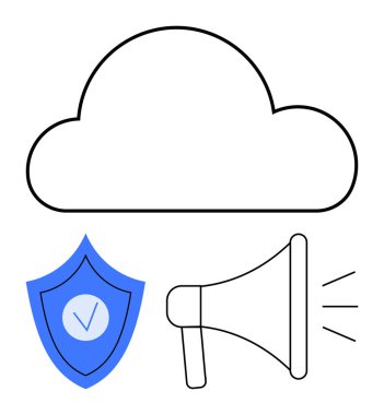 Güvenlik kalkanının üzerinde işaret ve megafonla bulut çizgisi var. Teknoloji, siber güvenlik, bulut bilgisayarı, dijital iletişim, çevrimiçi depolama, veri güvenliği, basit iniş sayfası için ideal