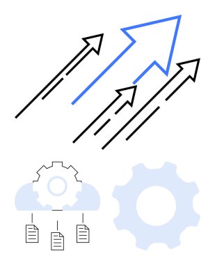 Yukarı ok dişli, bulut ve belge simgeleriyle birleştirilmiş başarıyı, teknolojiyi ve iş akışını simgeliyor. İlerleme, büyüme, yenilik ve işbirliği için ideal