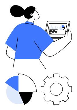 Tablet, pasta grafiği ve teçhizatta analizi, teknolojiyi ve takım çalışmasını sembolize eden bir kadın. İş, analitik, teknoloji, veri stratejisi, üretkenlik planlaması için ideal