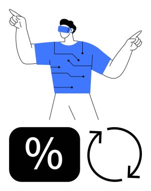 Arttırılmış gerçeklik kulaklığı takmış tişörtünde devreleri olan bir adam yüzde ve tazeleme için ikonları işaret ediyor. Fintech, teknoloji, yenilik AR, ilerleme, veri ve gelecekteki kavramlar için idealdir. Düz basit