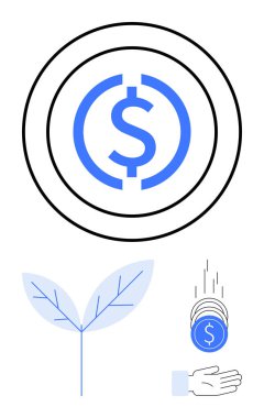 Yuvarlak madeni para şeklinde mavi dolar işareti, yapraklar büyümeyi simgeliyor, eller bozuk paraları yakalıyor. Finans, sürdürülebilirlik, tasarruf, çevre dostu kavramlar, kitle fonlaması, dijital yenilik için ideal