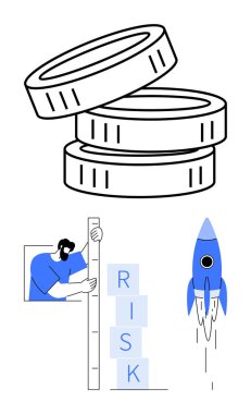 Yığılan paralar zenginliği simgeler, bireysel ölçümler riskleri bloklarla, roket ilerlemeyi temsil eder. Finans, yatırım, büyüme, girişimcilik, planlama, karar verme sade iniş için ideal