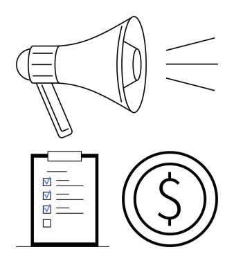 İletişimi vurgulayan megafon, organizasyonu sembolize eden işaretli görevler listesi ve finans için dolar parası. Pazarlama, planlama, iletişim, yönetim, iş stratejisi için ideal