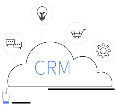 İletişime bağlı CRM metni olan bulut, fikirler için ampul, alışveriş arabası ve vites simgeleri. İş yönetimi, müşteri etkileşimi, e-ticaret, yenilik, otomasyon analizi için ideal