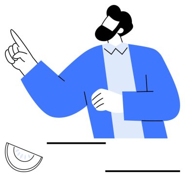 Mavi gömlekli bir adam bir elini kaldırıyor işaret parmağı uzatıyor, bir fikir ya da yön belirtiyor. İletişim, liderlik, iş dünyası, fikirler, takım çalışması, eğitim, büyüme için ideal basit iniş sayfası