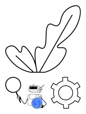 Robot, büyük dişli ve soyut yaprak biçiminde büyüteç ve dijital para tutuyor. Yenilik, teknoloji, sürdürülebilirlik, otomasyon, finans, analiz, bağlantı için ideal. Düz basit