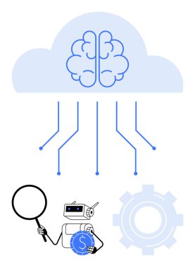 Sinir ağına sahip bulut robot analizi ve otomasyona bağlanıyor. Robot, veri incelemesi için büyüteç ve ekonomik anlayış için para tutuyor. Yapay zeka, bulut hesaplama, otomasyon için ideal