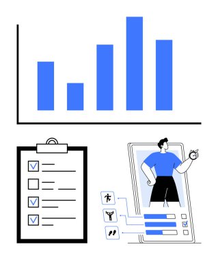 İlerleme çubuğu şeması, kontrol listesi ve sağlık faaliyetlerini ve alışkanlıklarını izleyen bir kişi ile fitness uygulaması ekranı. Sağlık, fitness, hedef izleme, refah, uygulama arayüzü, üretkenlik için ideal basit