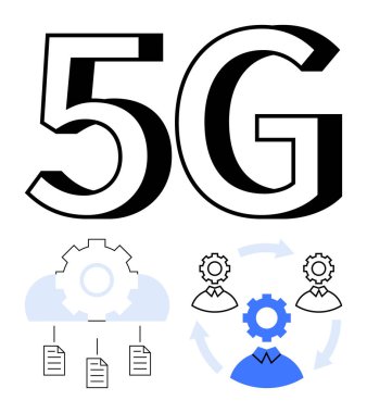 5G metin, vites, bulut, kullanıcı siluetleri, belge simgeleri, ve oklar bağlantı, takım çalışması, veri değişimi, yenilik bulut hesaplama teknolojisi ve hızı sembolize ediyor. Telekom için ideal