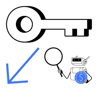 Anahtar, para üzerinde büyüteç tutan robot ve aşağı doğru ok siber güvenliği, maliyet yönetimini, veri analizini ve verimliliği simgeliyor. Fintech, otomasyon, yenilik için idealdir.