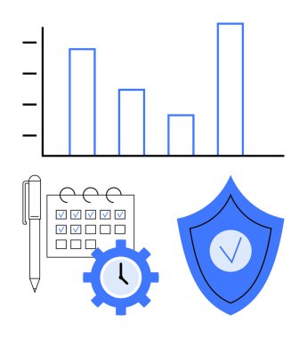 Performans çizelgesi, işaretli takvim, zaman yönetimini sembolize eden dişli saat ve işaretli kalkan. Üretkenlik, planlama, analitik, güvenlik için ideal