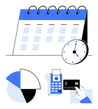 Saat, pasta çizelgesi, ödeme terminali ve kart özetleri, zaman izleme ve finansal işlemler ile takvim. Finans, verimlilik, zaman yönetimi muhasebe planlama için ideal