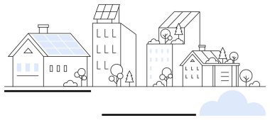 Güneş panelleri, çatı bahçeleri ve yeşil çevreli konut ve ticari binalar. Enerji verimliliği, sürdürülebilirlik, eko-yaşam, temiz enerji, kentsel tasarım için ideal