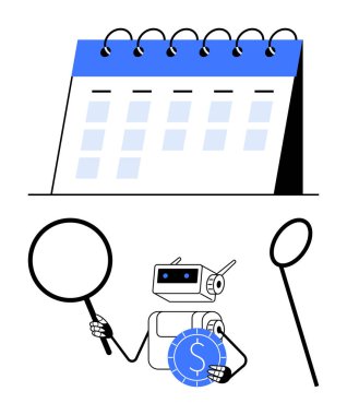 Robot bir takvimin altında büyüteç ve bozuk para tutuyor. Analiz, finans, planlama, strateji, teknoloji, otomasyon, zaman yönetimi kavramları için idealdir. Temiz düz basit metafor