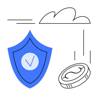 İşaretli kalkanlar, düşen madeni paralar ve bulut güvenlik, dijital işlemler ve bulut deposunu temsil ediyor. Finans, siber güvenlik, teknoloji, fintech veri güvenliği için ideal bir iniş.